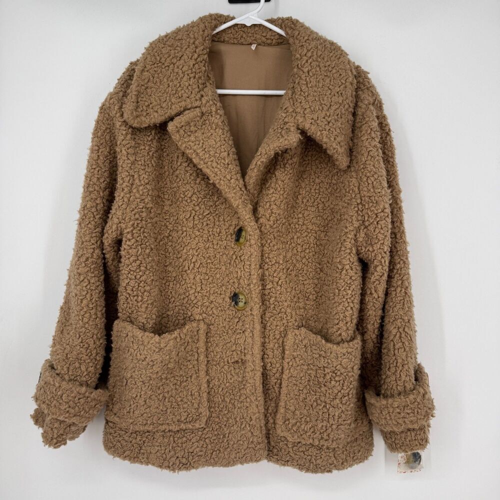 FREE PEOPLE Coat Jacket So Soft Cozy Camel Brown Teddy Sherpa Boho Softgirl Sz L - Picture 1 of 12